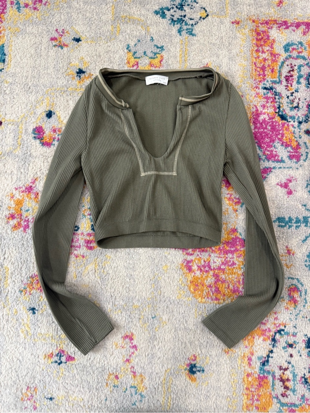 Altar'd State Olive Ribbed Long-Sleeve Notch Crop Top